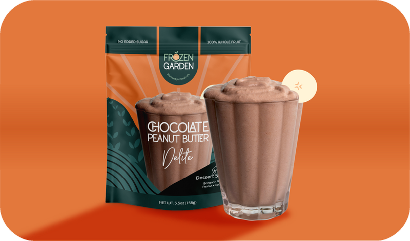 Chocolate Peanut Butter Delite pouch beside dessert glass - Frozen Garden frozen chocolate dessert with peanuts and banana.