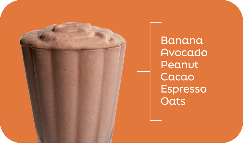 Chocolate Peanut Butter Delite ingredients labeled in layers: banana, cacao, peanut, avocado and oats - Frozen Garden.