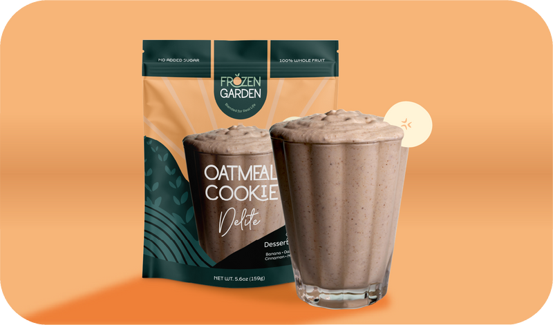 Oatmeal Cookie Delite pouch beside dessert glass - Frozen Garden frozen oat dessert with apple and cinnamon.