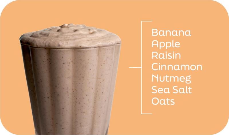 Oatmeal Cookie Delite ingredients labeled in layers: oats, apple, banana, cinnamon and nutmeg - Frozen Garden.