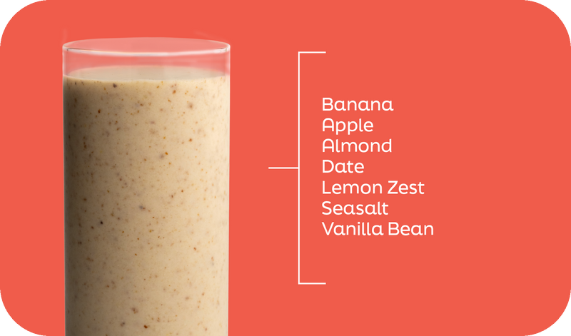 Apple Bliss apple banana smoothie ingredients labeled in layers: apple, banana, almond, date, lemon zest, sea salt and vanilla bean - Frozen Garden.