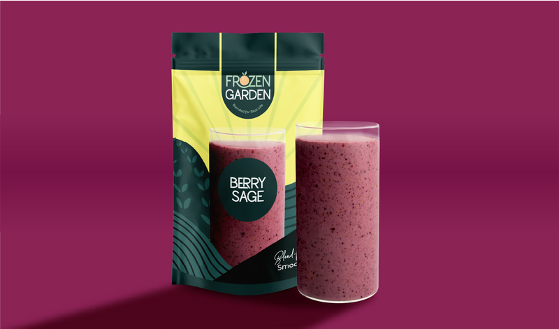 Berry Sage smoothie pouch beside blended glass - Frozen Garden ready to blend smoothie with sage and blueberries.