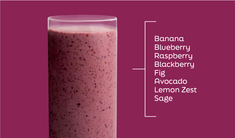Berry Sage mixed berry smoothie ingredients labeled in layers: banana, blueberry, raspberry, blackberry, fig and avocado - Frozen Garden.