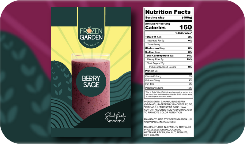 Berry Sage smoothie front pouch and detailed nutrition facts label side by side - Frozen Garden berry smoothie.