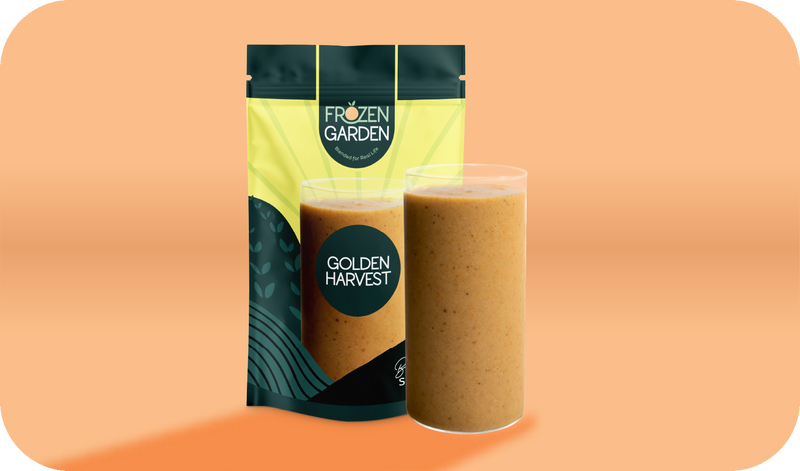 Golden Harvest smoothie pouch beside blended glass - Frozen Garden ready to blend smoothie with banana and carrot.