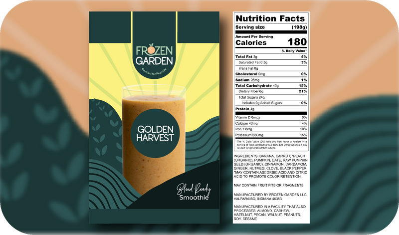 Golden Harvest smoothie front pouch and detailed nutrition facts label side by side - Frozen Garden banana smoothie.