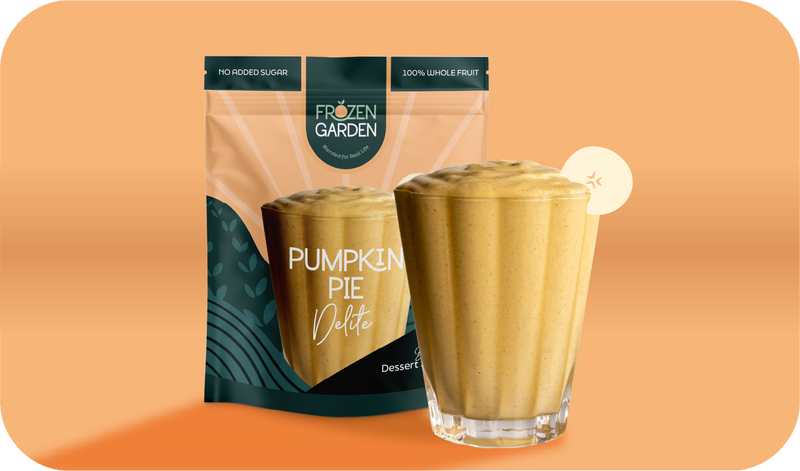 Pumpkin Pie Delite pouch beside dessert glass - Frozen Garden frozen pumpkin dessert with cinnamon and banana.