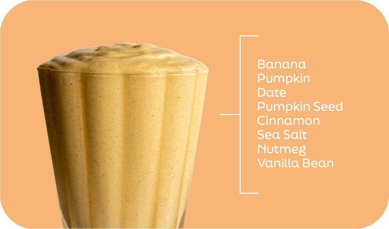 Pumpkin Pie Delite ingredients labeled in layers: pumpkin, banana, date, cinnamon and nutmeg - Frozen Garden.