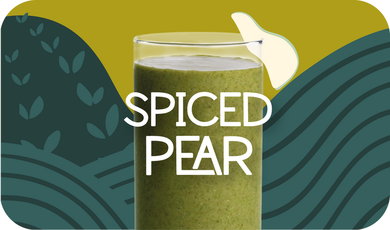 Blended Spiced Pear smoothie in glass, creamy light brown color with pear and spice design - Frozen Garden healthy seasonal smoothie.