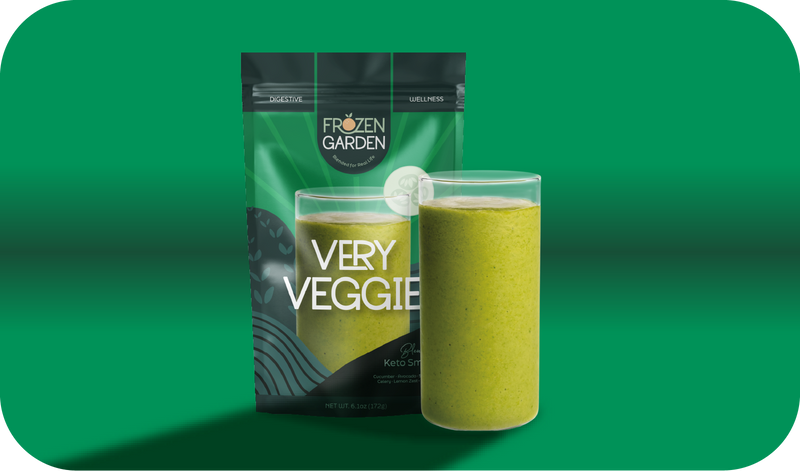 Very Veggie smoothie pouch beside blended glass - Frozen Garden ready-to-blend keto smoothie with cucumber and spinach.