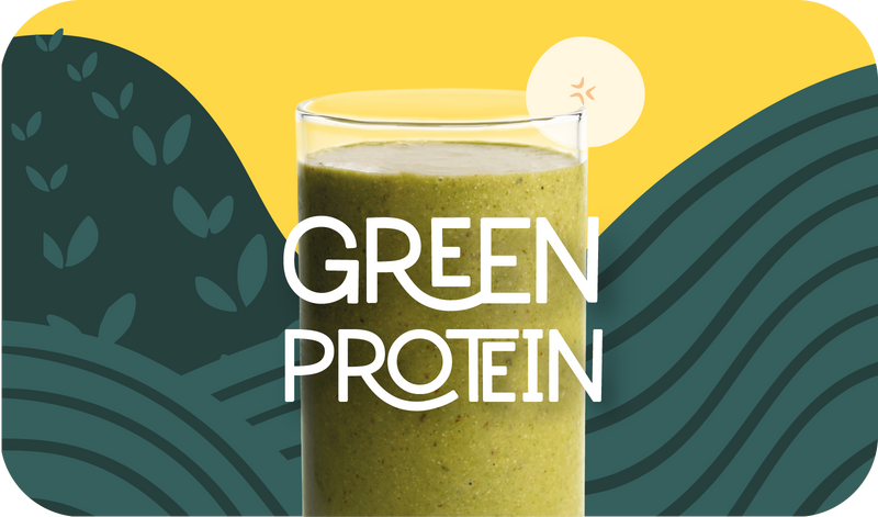 Blended Green Protein smoothie in glass, vibrant green color with leaf design - Frozen Garden healthy protein smoothie.