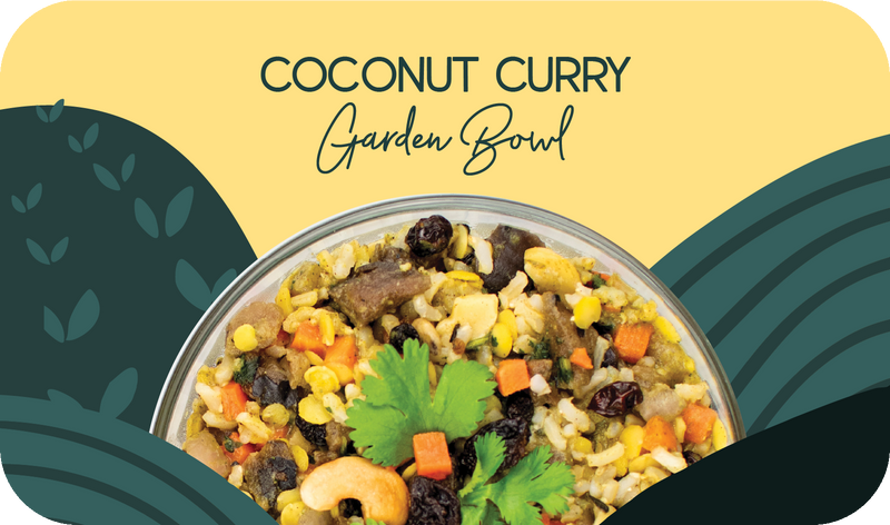Coconut Curry Garden Bowl served in bowl with lentil, carrot, rice and creamy curry sauce - Frozen Garden healthy plant-based meal.