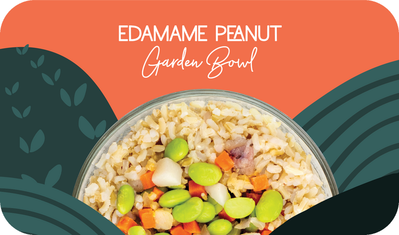 Edamame Peanut Garden Bowl served in bowl with edamame, carrots, and peanut sauce - Frozen Garden healthy plant-based meal.