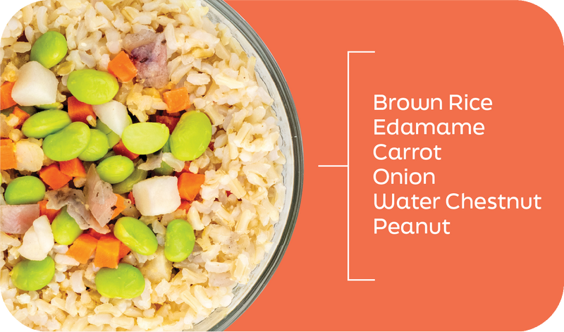 Edamame Peanut Garden Bowl ingredients labeled in layers: edamame, carrots, brown rice, onion, water chestnut and peanut - Frozen Garden.