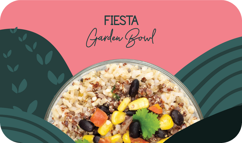 Fiesta frozen vegan burrito bowl served in bowl with black beans, brown rice, quinoa, corn and tomatoes - Frozen Garden healthy plant-based meal.