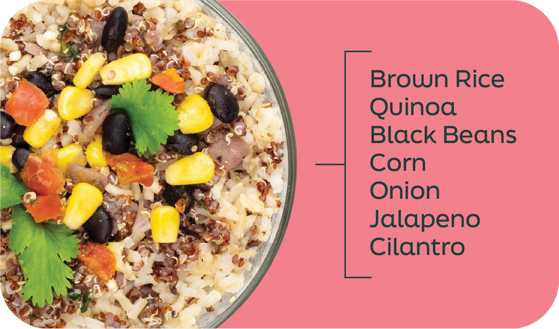 Fiesta vegan burrito bowl ingredients labeled in layers: black beans, brown rice, quinoa, corn, tomatoes, onion and lime sauce - Frozen Garden.