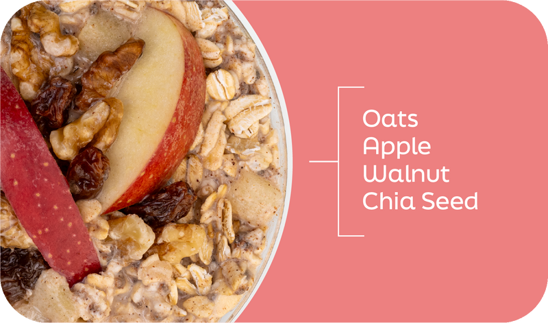 Apple cinnamon overnight oats ingredients labeled in layers: oats, apples, raisins, walnuts, chia seeds and cinnamon - Frozen Garden.