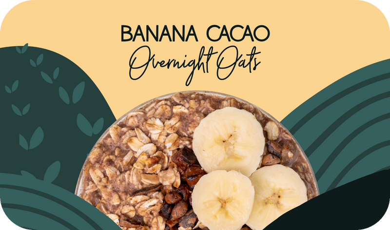 Banana Cacao Overnight Oats served in bowl, creamy brown texture with banana slices and cacao nibs - Frozen Garden healthy breakfast oats.