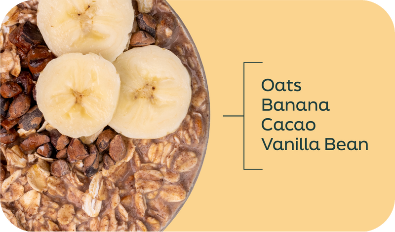 Banana cacao overnight oats ingredients labeled in layers: oats, banana, peanut, raw cacao and vanilla bean - Frozen Garden.