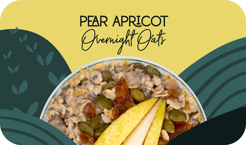 Pear Apricot Overnight Oats served in bowl, creamy texture with pear slices and apricot pieces - Frozen Garden healthy breakfast oats.