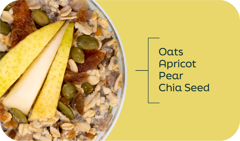 Pear Apricot Overnight Oats ingredients labeled in layers: oats, pear, apricot, and chia seeds - Frozen Garden.