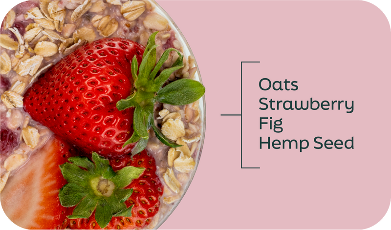 Strawberry Fig Overnight Oats ingredients labeled in layers: oats, strawberries, figs, and hemp seeds - Frozen Garden.