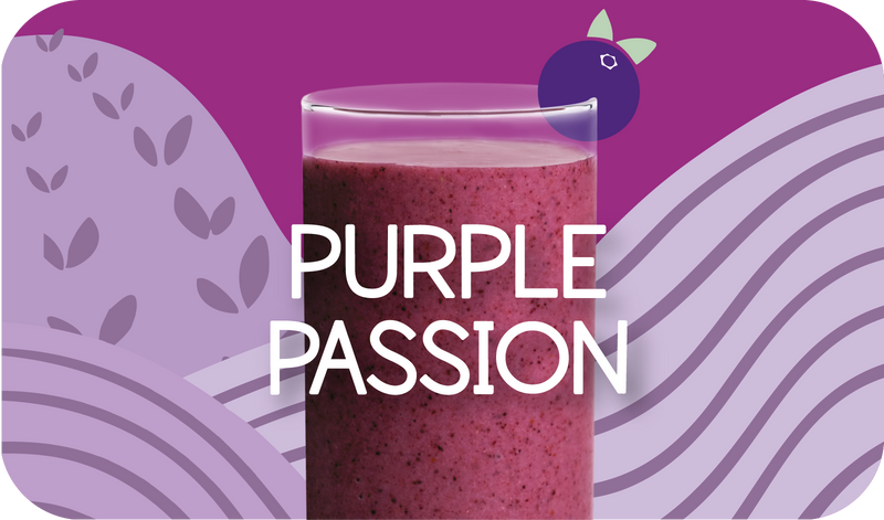 Blended Purple Passion smoothie in glass, deep purple color with berry design - Frozen Garden healthy fruit smoothie.