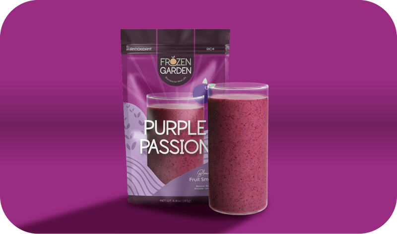 Purple Passion smoothie pouch beside blended glass - Frozen Garden ready to blend smoothie with blueberry and banana.