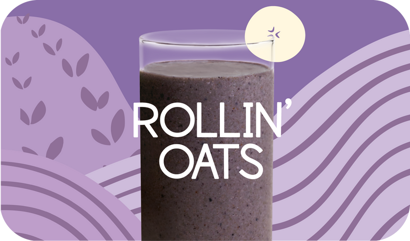 Blended Rollin’ Oats smoothie in glass, creamy purple color with oat design - Frozen Garden healthy breakfast smoothie.