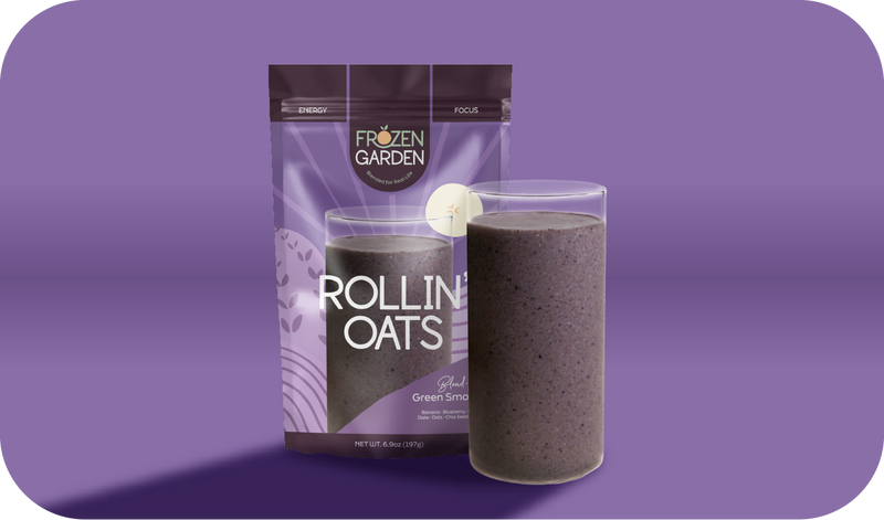 Rollin’ Oats smoothie pouch beside blended glass - Frozen Garden ready to blend smoothie with oats and banana.