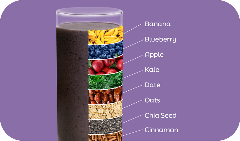 Rollin' Oats oatmeal smoothie ingredients labeled in layers: banana, blueberry, apple, kale, oats, date, chia seed and cinnamon - Frozen Garden.
