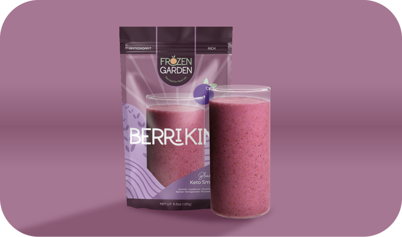 Berrikini smoothie pouch beside blended glass - Frozen Garden ready to blend keto berry smoothie with blueberry and raspberry.