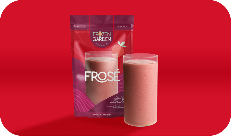 Frosé keto strawberry smoothie pouch beside blended glass - Frozen Garden ready to blend smoothie with strawberry and avocado.