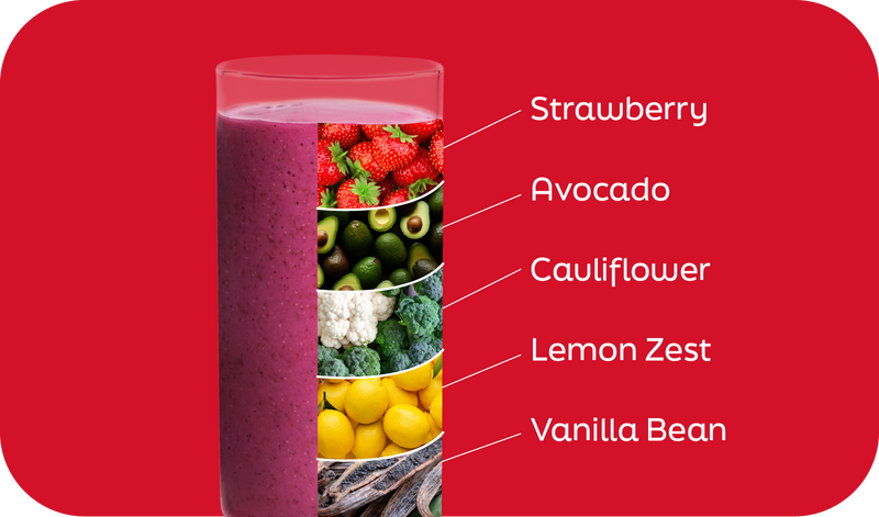 Frosé smoothie ingredients labeled in layers: strawberry, avocado, lemon zest and vanilla bean - Frozen Garden.