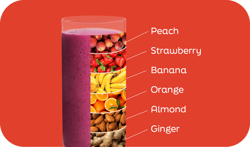 Just Peachy smoothie ingredients labeled in layers: peach, strawberry, banana and orange - Frozen Garden.