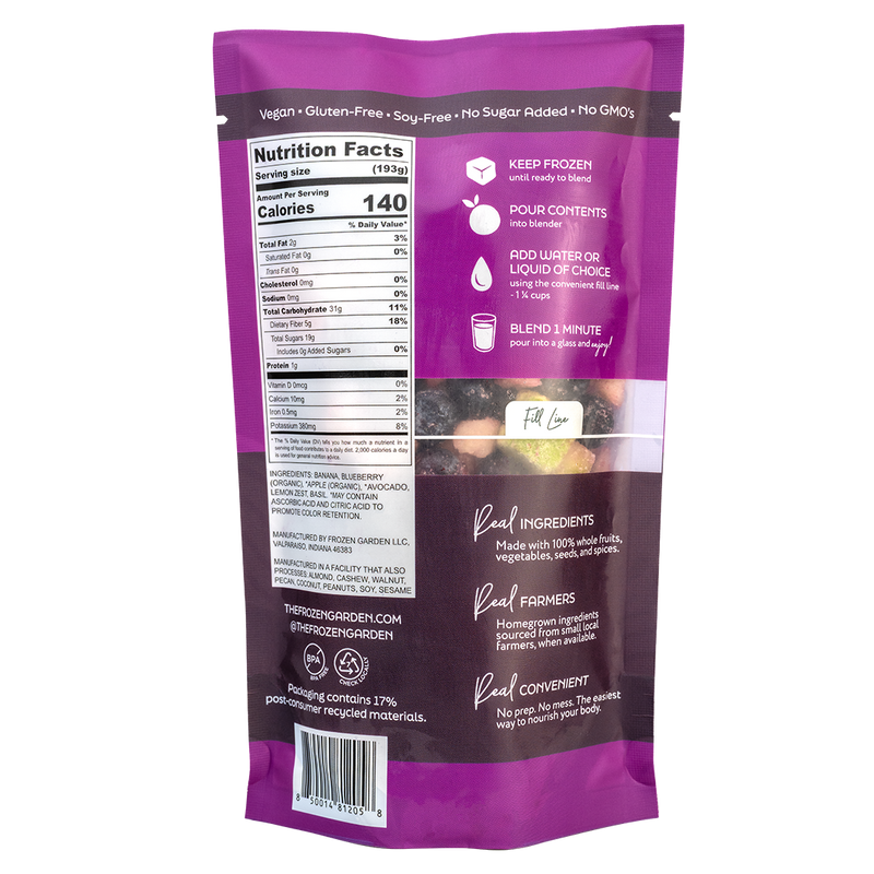 Back of Purple Passion smoothie pouch showing nutrition facts, ingredients and blending instructions - Frozen Garden.
