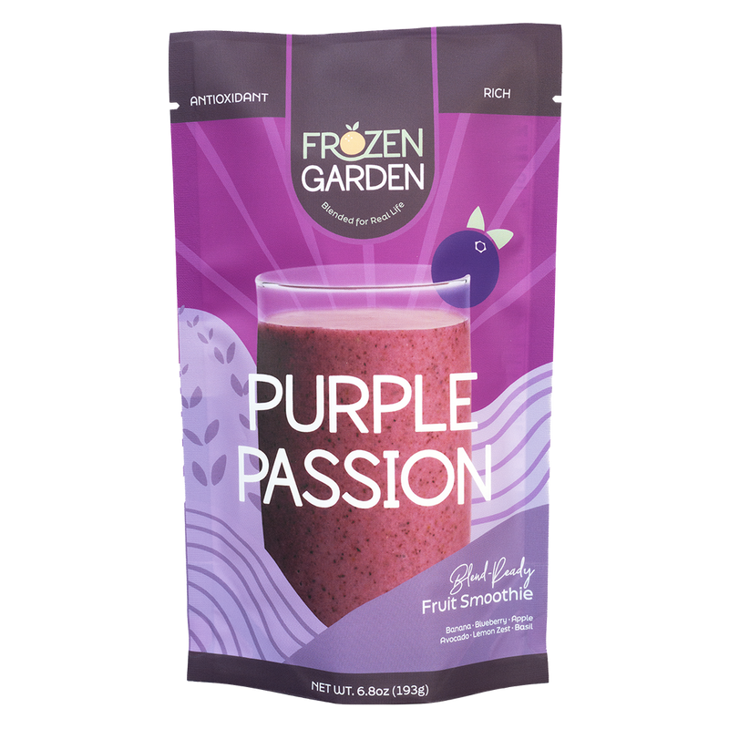 Purple Passion blueberry smoothie pouch with blueberries, banana, avocado and basil - Frozen Garden ready to blend smoothie.