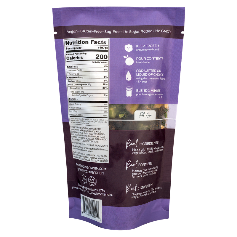 Back of Rollin’ Oats smoothie pouch showing nutrition facts, ingredients and blending instructions - Frozen Garden.