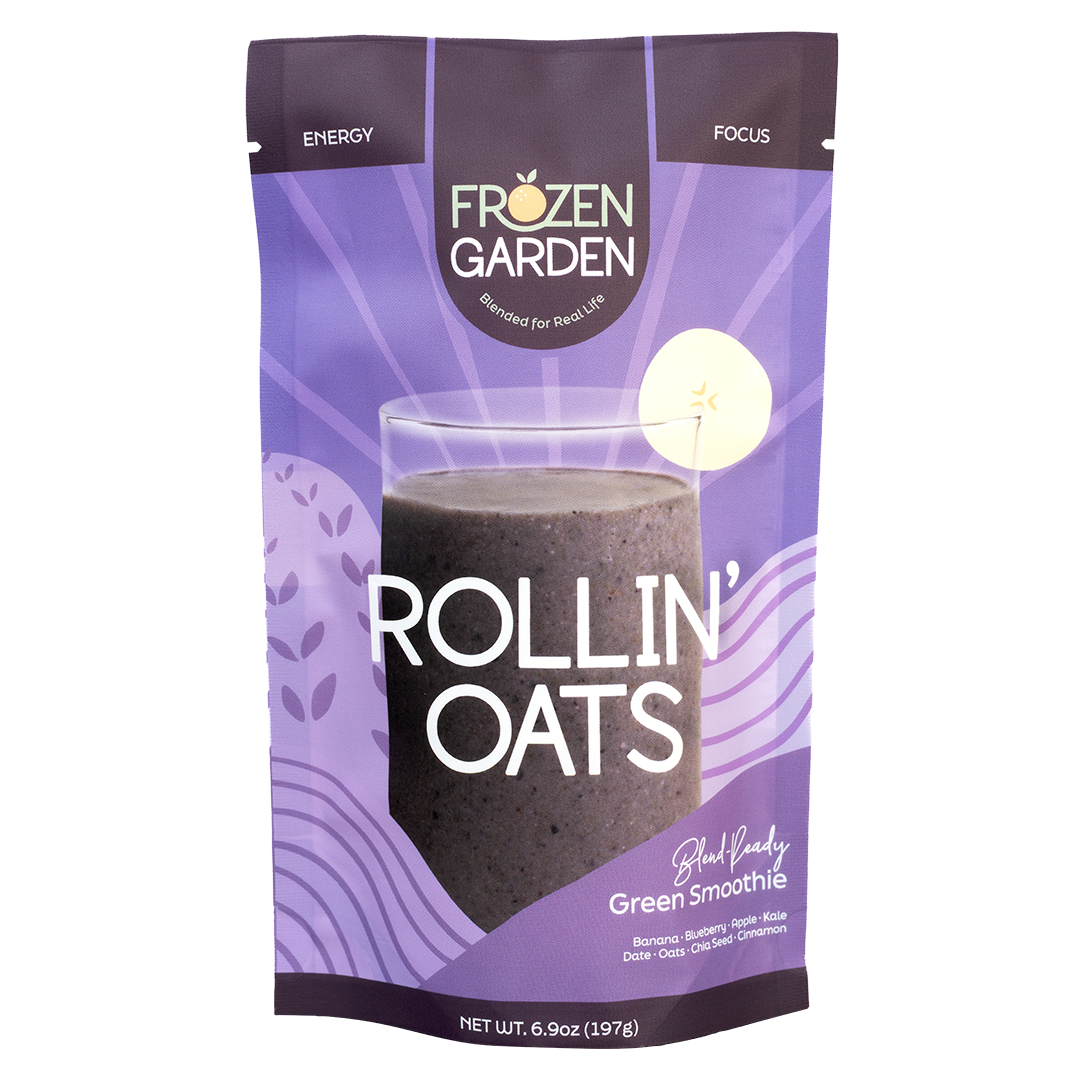 Rollin’ Oats smoothie pouch with banana, oats and cinnamon - Frozen Garden ready to blend breakfast smoothie.