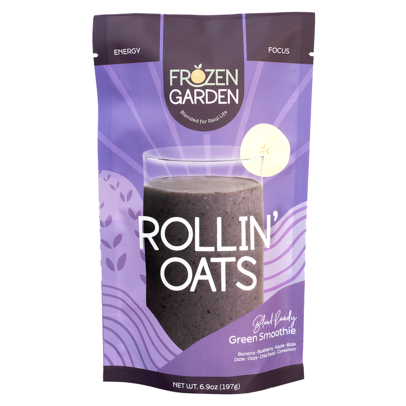 Rollin’ Oats smoothie pouch with banana, oats and cinnamon - Frozen Garden ready to blend breakfast smoothie.