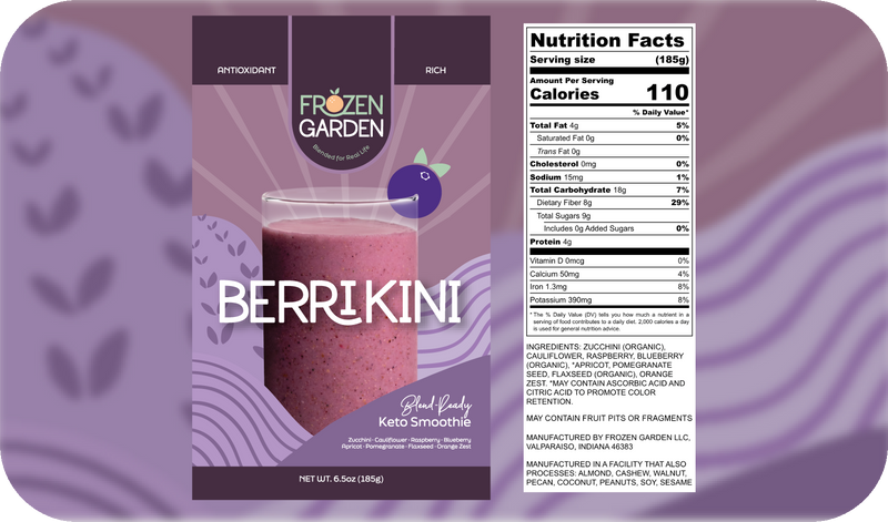 Berrikini smoothie front pouch and detailed nutrition facts label side by side - Frozen Garden keto berry smoothie.