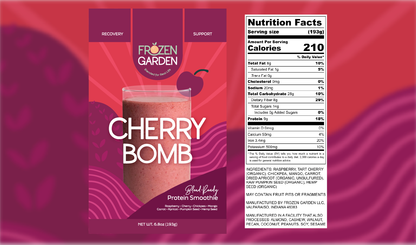 Cherry Bomb smoothie front pouch and detailed nutrition facts label side by side - Frozen Garden fruit smoothie.