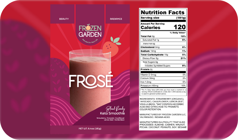Frosé smoothie front pouch and detailed nutrition facts label side by side - Frozen Garden strawberry smoothie.