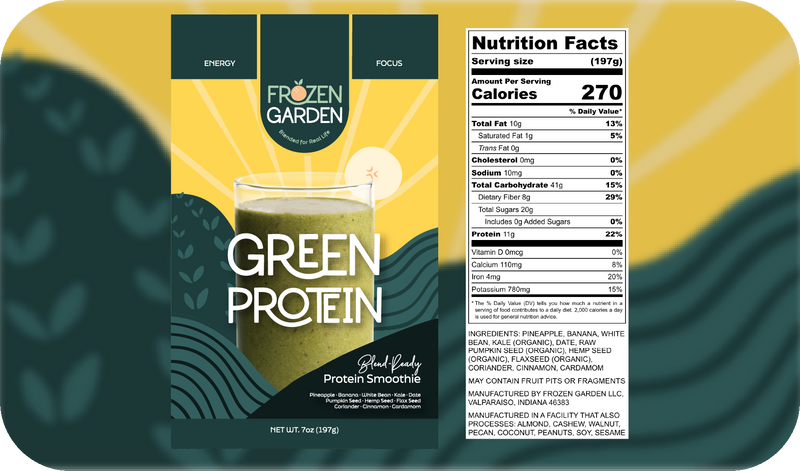 Green Protein smoothie front pouch and detailed nutrition facts label side by side - Frozen Garden protein smoothie.