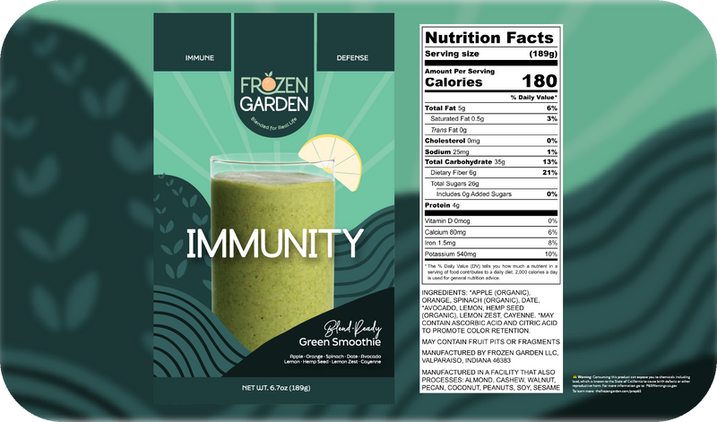 Immunity smoothie front pouch and detailed nutrition facts label side by side - Frozen Garden immune boosting smoothie.