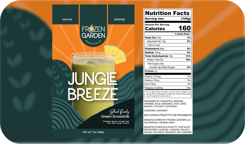 Jungle Breeze smoothie front pouch and detailed nutrition facts label side by side - Frozen Garden tropical smoothie.