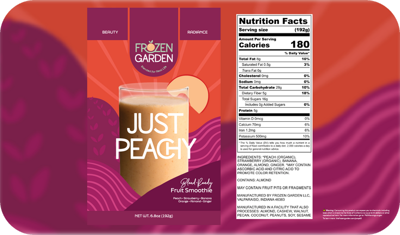 Just Peachy smoothie front pouch and detailed nutrition facts label side by side - Frozen Garden fruit smoothie.