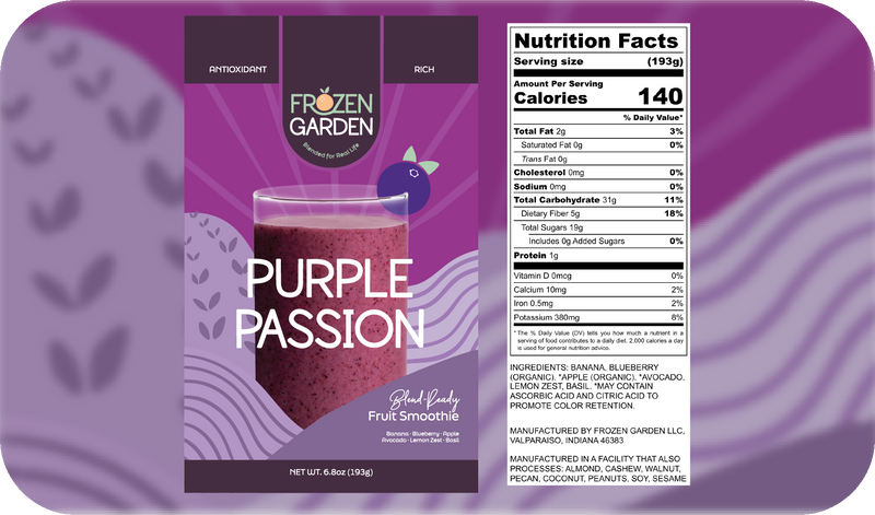 Purple Passion smoothie front pouch and detailed nutrition facts label side by side - Frozen Garden berry smoothie.