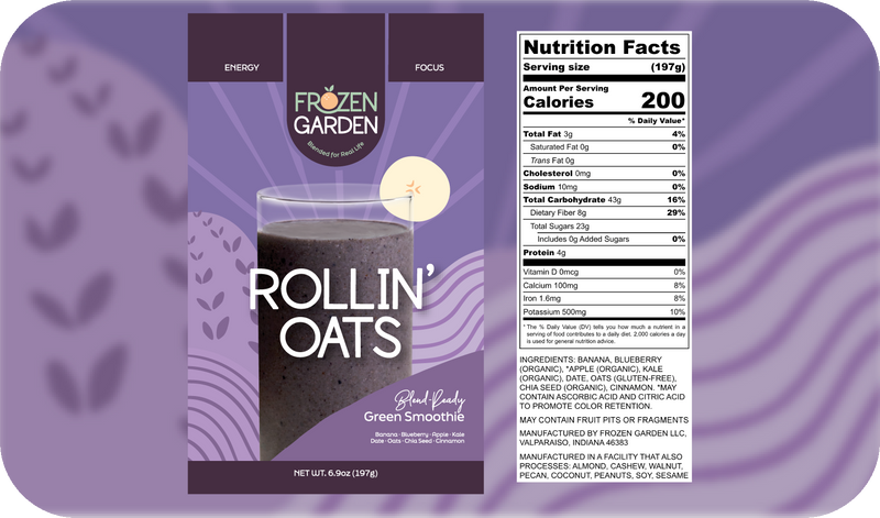 Rollin’ Oats smoothie front pouch and detailed nutrition facts label side by side - Frozen Garden oat smoothie.