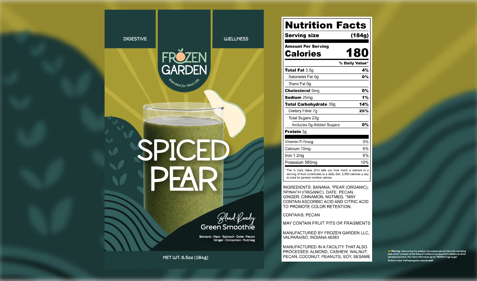 Frozen Garden Spiced Pear green smoothie package with nutrition label on a green and yellow background